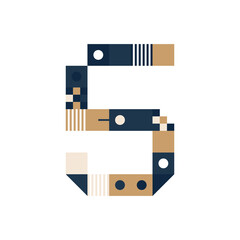 Vector Pixel Art number five. Colorful number 5 Consist of Modules from Strips, squares and dots on white background. Geometric Alphabet for Posters like electronic scoreboard.