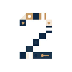 Vector Pixel Art number two. Colorful number 2 Consist of Modules from Strips, squares and dots on white background. Geometric Alphabet for Posters like electronic scoreboard.