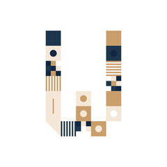 Vector Pixel Art Letter W. Colorful Letter Consist of Modules from Strips, squares and dots on white background. Geometric Alphabet for Posters like electronic scoreboard.