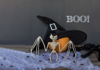 Boo happy halloween greeting text over dark wooden and Blackboard background