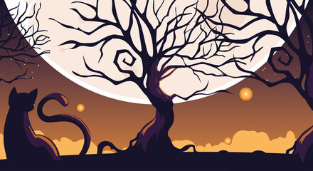 halloween night background with cat and full moon © djvstock