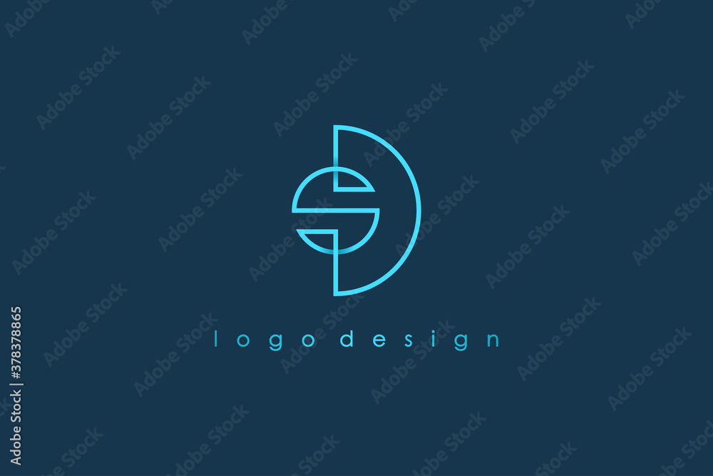 Poster abstract initial letter s and d linked logo. blue shape circular line infinity style isolated on blu