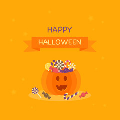 This is an illustration of pumpkin and candy on a light background. Flat style. Could be used for flyers, postcards, banners, holidays, etc.