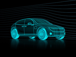 Digital wireframe of futuristic electric vehicle, self driving car, autonomous technologies. 3d render.