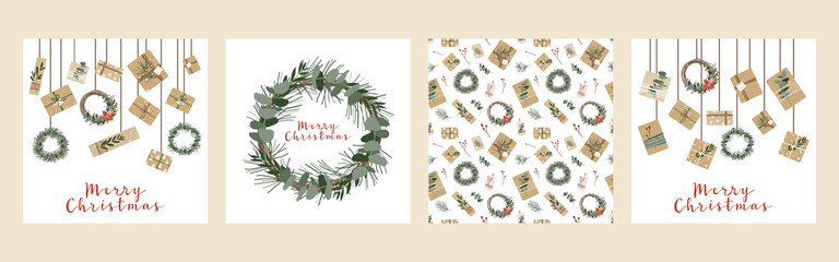 Set of square christmas cards, invitation. Presents in kraft paper, candles and wreaths. Rustic gift box. Eco decoration. Xmas and New 2021 Year celebration preparation. Vector flat cartoon style