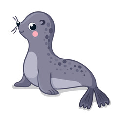 Cute little gray seal sits on a white background. Vector illustration in cartoon style.
