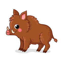 Small brown boar stands on a white background. Vector illustration in cartoon style.