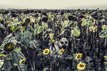 Shepherd in faded sunflowers. Autumn field with flowers.