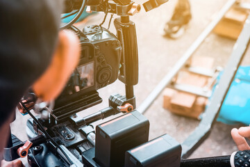 Film industry. Filming with professional camera background