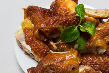 Roast Chicken Chinese Style ,selective focus , blur background , on white background