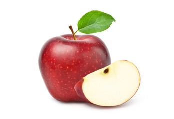Fresh red Apple fruit with sliced and green leaves isolated on white background. Clipping path.