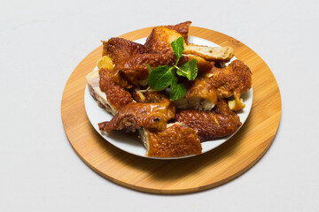 Roast Chicken Chinese Style ,selective focus , blur background , on white background