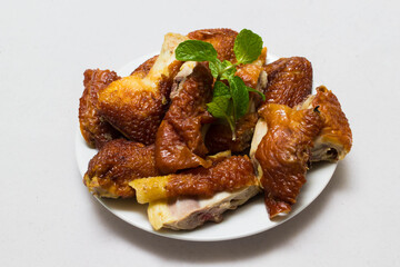 Roast Chicken Chinese Style ,selective focus , blur background , on white background