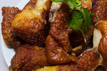 Roast Chicken Chinese Style ,selective focus , blur background , on white background