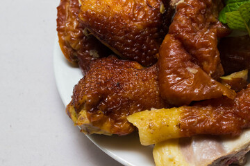 Roast Chicken Chinese Style ,selective focus , blur background , on white background