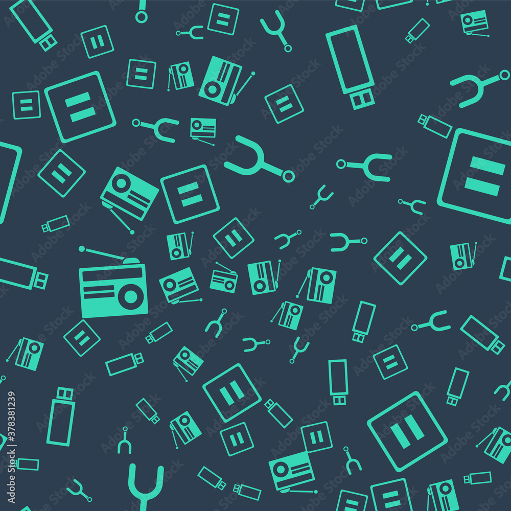 Poster set musical tuning fork, usb flash drive, radio with antenna and pause button on seamless pattern. v