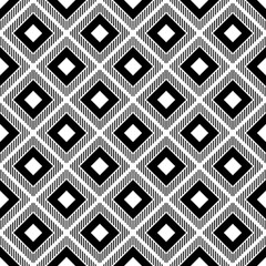 Repeated black diamonds and strokes. Ikat wallpaper. Seamless surface pattern design with rhombuses ornament. Lozenge motif. Digital paper for page fills, textile print, web designing. Ethnic vector
