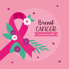 breast cancer awareness pink ribbon with flowers design, october month campaign theme Vector illustration