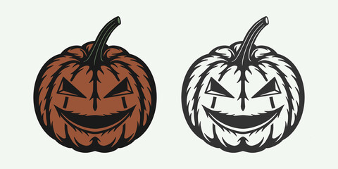 Vintage retro woodcut Halloween scary pumpkin. Can be used like emblem, logo, badge, label. mark, poster or print. Monochrome Graphic Art. Vector Illustration..
