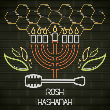 Rosh Hashanah Neon Poster With A Menorah And Honey Dipper - Vector