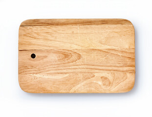  Top view of used  brown wooden cutting board on white background.