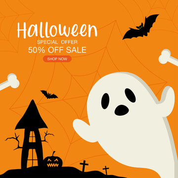 halloween special offer sale with ghost cartoon design, shop now and ecommerce theme Vector illustration