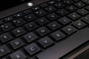 Close up detail view of a laptop computer keyboard