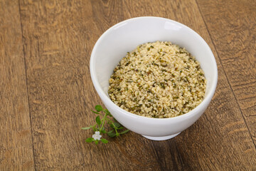 Peeled hemp seeds in the bowl