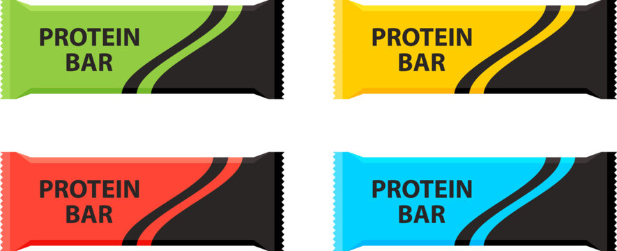Protein bars with different flavors. Sport and fitness supplements. Vector illustration