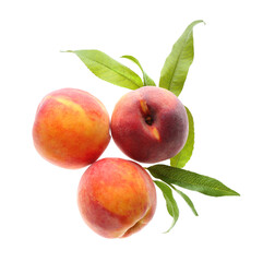 Delicious ripe juicy peaches with leaves isolated on white, top view