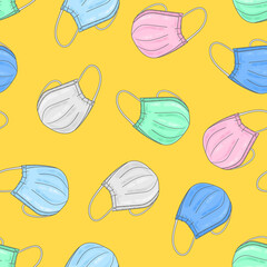 Face mask doodle pattern. Covid-19 coronavirus protection. Medical equipment seamless pattern. Surgical mask background.