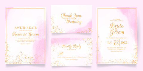 Fototapeta premium watercolor creamy wedding invitation card template set with golden floral decoration 