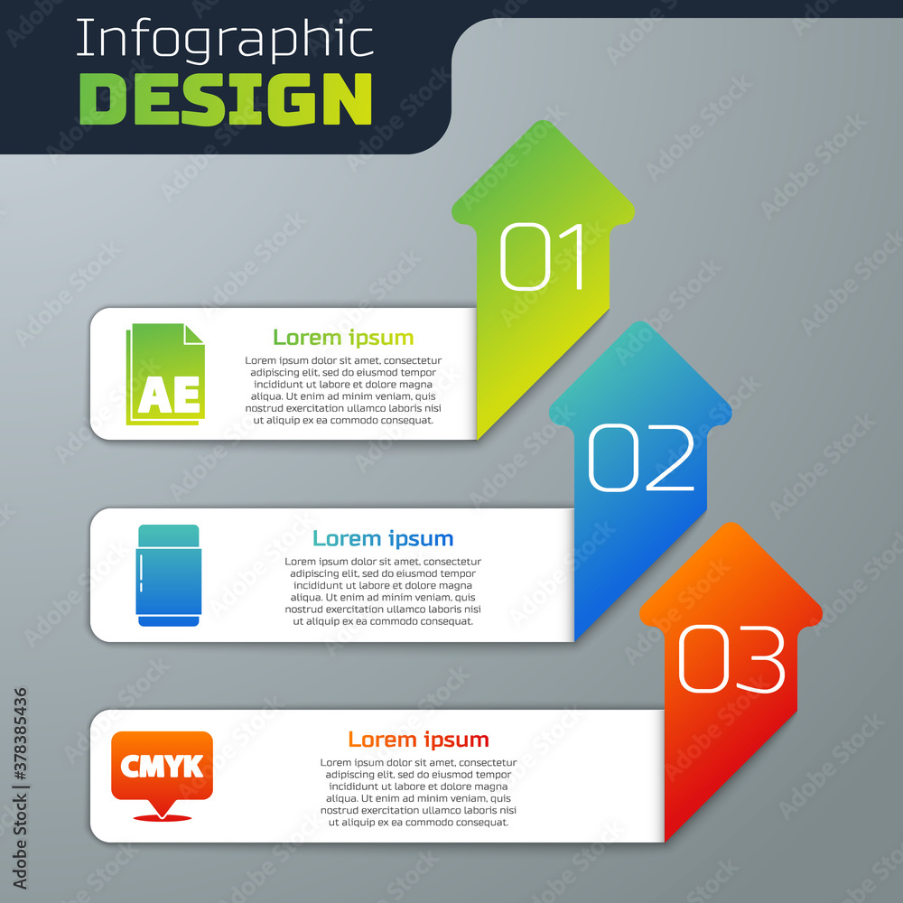 Poster set ae file document, eraser or rubber and speech bubble with text cmyk. business infographic templa