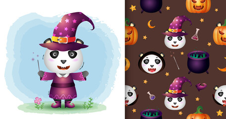 a cute panda with costume halloween character collection. seamless pattern and illustration designs