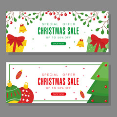 christmas sale with pine tree spheres and gifts design, offer shop now and ecommerce theme Vector illustration