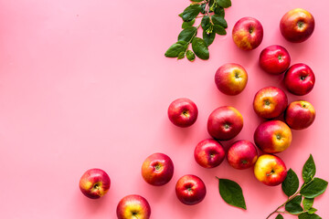 Ripe red apples with leaves - top view, copy space