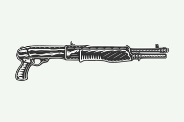 Vintage retro woodcut shotgun rifle spas 12. Can be used like emblem, logo, badge, label. mark, poster or print. Monochrome Graphic Art. Vector Illustration.. - obrazy, fototapety, plakaty