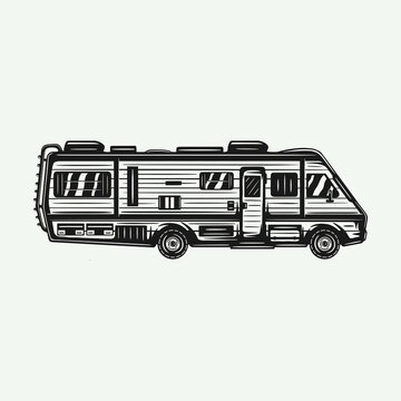 Vintage retro woodcut camper RV trailer. Can be used like emblem, logo, badge, label. mark, poster or print. Monochrome Graphic Art. Vector Illustration..