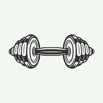 Vintage Retro Woodcut Engraving Gym Fitness Dumbbell. Can Be Used Like Emblem, Logo, Badge, Label. Mark, Poster Or Print. Monochrome Graphic Art. Vector Illustration..