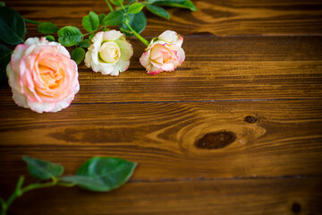 small bouquet of beautiful pink roses on a wooden table