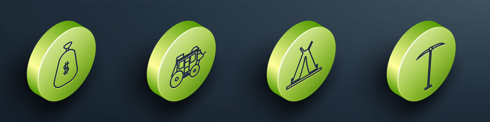 Set Isometric Money bag, Western stagecoach, Indian teepee or wigwam and Pickaxe icon. Vector. © Vadim