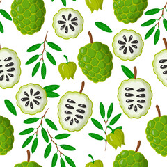 Fototapeta na wymiar Vector cartoon seamless pattern with Annona muricata exotic fruits, flowers and leafs on white background