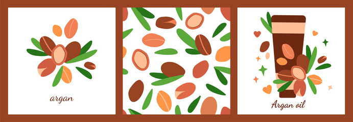 set of three templates with tube of argan oil. seamless pattern. argan berries with leaves. modern abstract design for background, packaging paper, cover, fabric, card, cosmetics and oil
