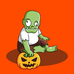 Halloween cartoon character baby zombie holding halloween pumpkin. vector illustration for halloween with orange background