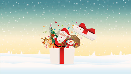  Merry Christmas concept , Merry Christmas! Happy Christmas companions. Santa Claus, Snowman In gift box.
