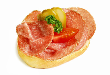 Italian Salami Slices on a Bun - Isolated on white Background