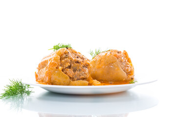 stuffed with meat and rice with roasted pepper sauce
