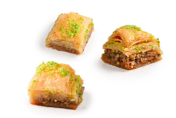 Pistachio baklava on a white background. Dessert.