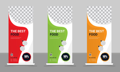 Food and Restaurant Business vertical roll up banner Set, stand, background, display,flag-banner, layout in rectangle vinyl with Vector Illustration design.