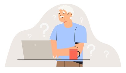 Elderly person study to work on notebook or computer and having difficulties. Older generation problems using technology. Confused Senior man with computer trying to figure out with new technologies.